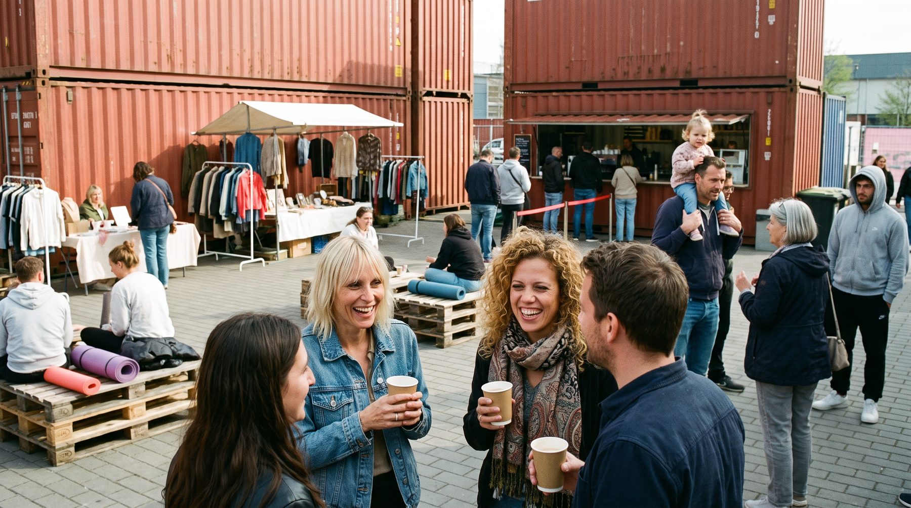 Besucherinnen und Besucher mit Kaffee zwischen den Marktständen im Outdoor-Bereich