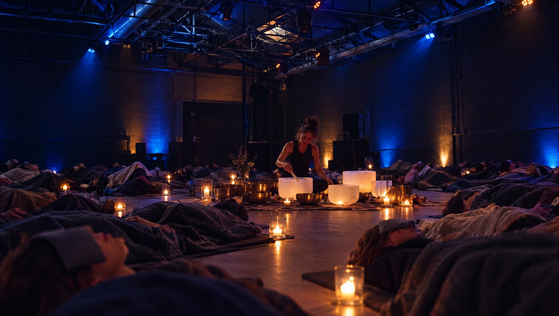 Sound Bath mit Klangschalen und Kerzen im abgedunkelten Club